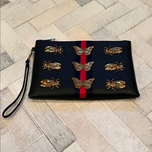 Faux Leather Black Clutch with Gold Butterfly Accents